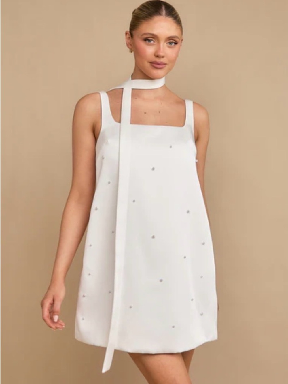 Six Stories Anya Pearl Scattered Mini Dress with Neck Scarf